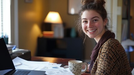 10.A young professional in a casual outfit, sitting at a desk and enjoying a cup of coffee with a warm smile, with papers and a laptop in front of her, creating an inviting work-from-home atmosphere.