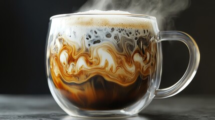 26.A detailed close-up of a cappuccino with a frothy whipped milk cap in a double glass mug, the creamy foam beautifully swirled, and the mug's transparency showing the rich, dark coffee beneath.