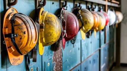 A row of safety hard hats hanging on hooks in a locker room or storage area, illustrating readiness for work and adherence to safety procedures in industrial settings.