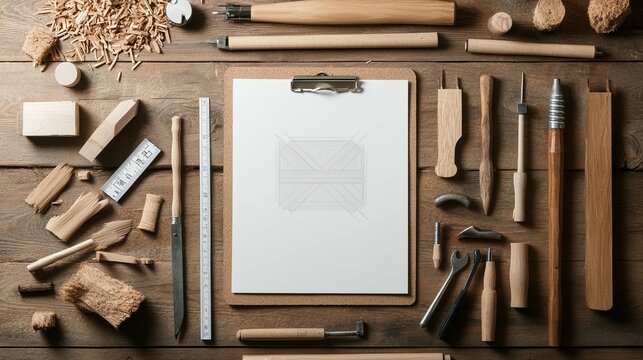 Flat lay of woodworking tools and blank clipboard on wooden table.