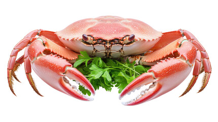 Fresh and Delicious Crab with Vibrant Green Herbs Displayed on a White Background