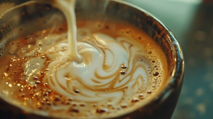 Fototapeta premium 36.A close-up of a coffee mug filled with espresso as a barista pours steamed milk over it, the swirls forming intricate patterns in the foam, with the cafeâ€™s rustic decor visible in the background.