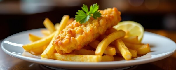 Close-up of golden crispy fish and chips on a white plate in a London restaurant, British cuisine, gourmet, fried
