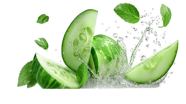 Fresh Green Cucumber Slices Flying Through Splashing Water with Mint Leaves and Bubbles
