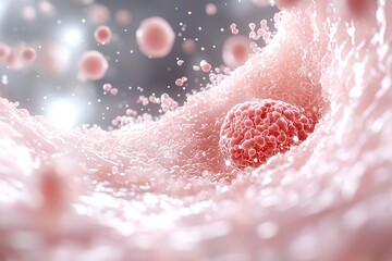 Fototapeta premium Microbial activity in a pink fluid showcasing cellular structures under a microscope in a laboratory setting