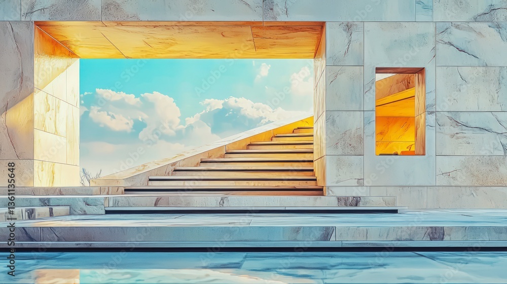 Aufkleber modern architecture ascending staircase to keyhole door sky view