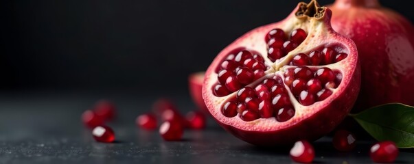 Fototapeta premium Close-up of juicy red pomegranate on dark background, exotic, fresh, macro