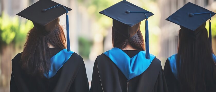 Three graduates wearing black gowns and caps stand together, showcasing a moment of celebration and achievement