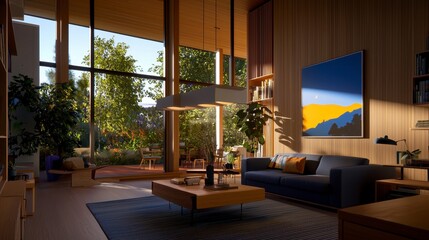 Step into a realm of serene beauty where modern design meets the tranquility of nature This sunlit living room boasts wooden walls that radiate warmth, framing captivating views of lush greenery