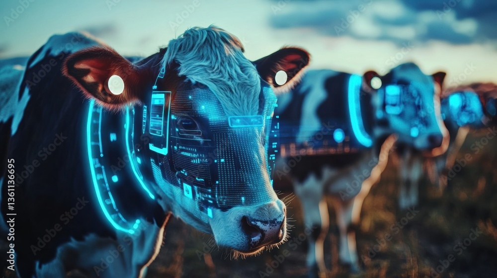 Aufkleber High-tech smart farm integrating biometric sensors for cows and sheep with futuristic design and glowing holographic data display Generative AI