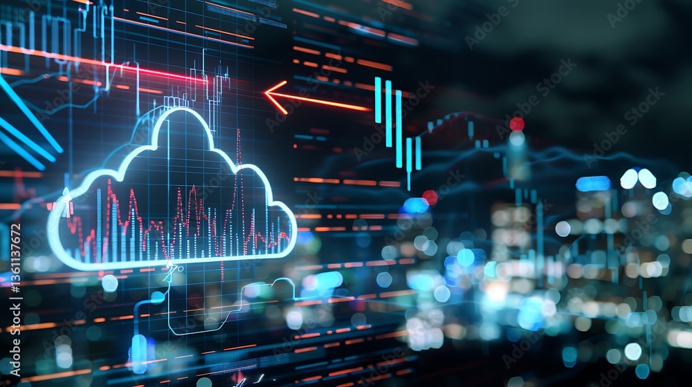 Poster modern digital cloud technology with data analytics and business growth indicators