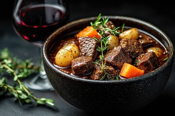 Hearty Beef Stew with Vegetables in a Black Bowl Served with Red Wine and Fresh Thyme on Dark Background for Cozy Dinner or Comfort Food Themes