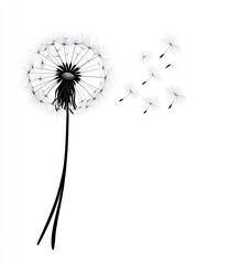 Dandelion seed head, simple black and white illustration, blowing in the wind