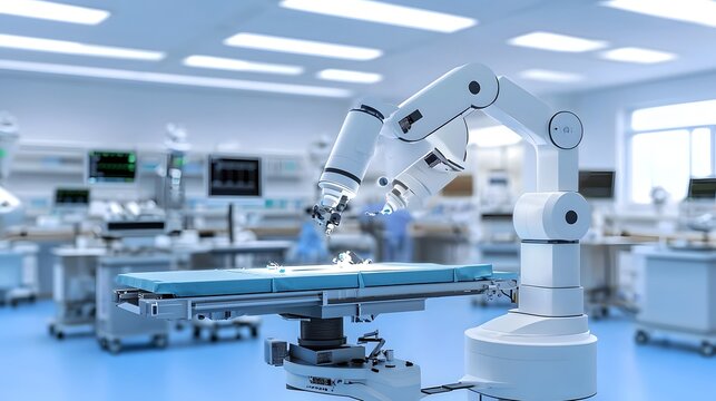 A futuristic medical pod equipped with robotic arms and advanced technology carrying out an automated surgical procedure in a high tech medical facility