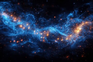 Fototapeta premium Abstract Cosmic Music Visualization with Bright Notes and Glowing Particles in a Dark Background, Representing Sound Waves and Vibrations in a Celestial Environment
