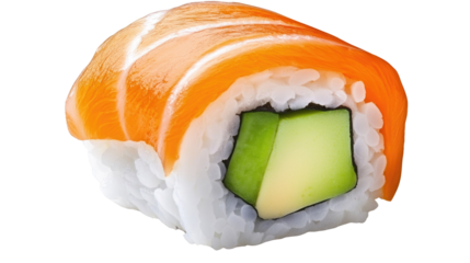 Fresh sushi roll with salmon, rice, cucumber, and vibrant colors on a white background
