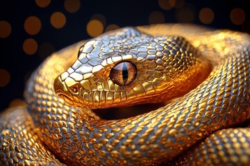 Fototapeta premium Stunning Golden Snake Close-Up with Intricate Scales and Captivating Eye Set Against a Soft Blurred Background of Golden Bokeh Lights for a Striking Visual Effect
