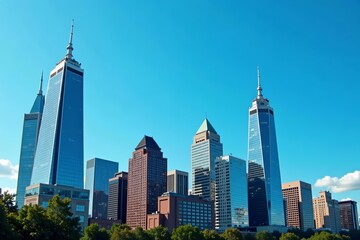 Fototapeta premium Impressive modern high-rises against clear blue sky in Philadelphia, skyscrapers, downtown