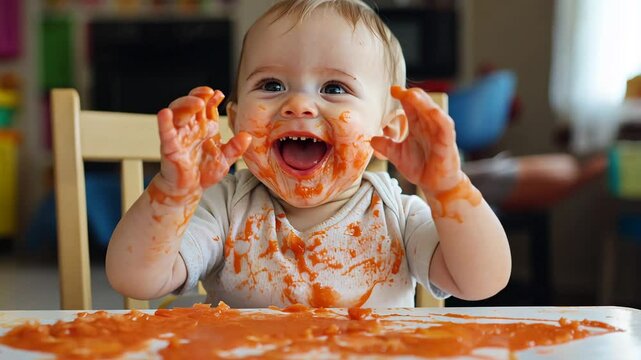 A cheerful baby covered in food, joyfully playing with a messy meal at the table. The vibrant expression and playful chaos capture a heartwarming and candid moment of childhood exploration.