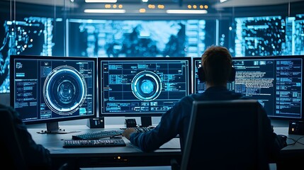 Obraz premium A high tech control room with multiple screens and advanced data visualization tools used to monitor and manage an autonomous spacecraft hibernation system