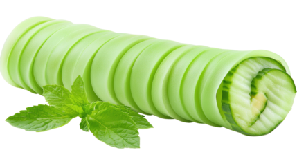 Freshly Sliced Cucumber Roll with Mint Leaves on Transparent Background for Healthy Food Concept