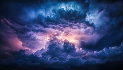 Dramatic sky, illuminated storm clouds with intense lightning strikes creating awe