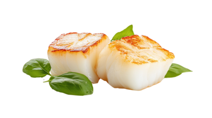 Freshly Seared Scallops Over Green Basil Leaves on a White Background for Culinary Purposes
