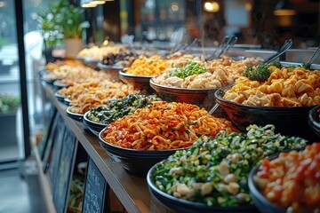 Obraz premium Vibrant Buffet Display of Delicious and Colorful Asian Noodle Dishes in a Restaurant Setting, Showcasing an Array of Fresh Ingredients for a Satisfying Meal Experience