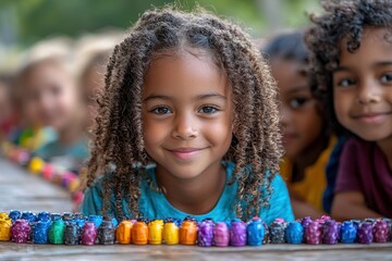 Smiling Girl with Curly Hair Surrounded by Colorful Art Projects in a Nature Setting, Celebrating Creativity and Childhood Joy with Friends Nearby