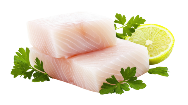 Fresh Fish Fillets with Bright Lemon Slice and Green Herb Garnish Perfect for Culinary Presentations