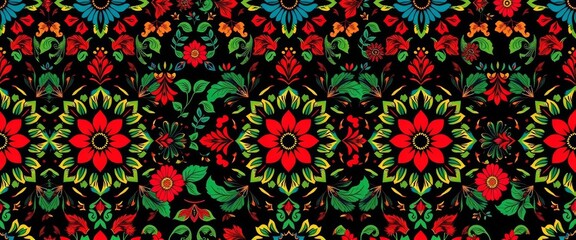 Intricate floral and geometric folk art pattern, vibrant colors, seamless repeat, ornate, background