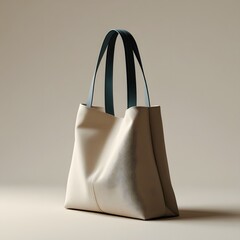 Modern minimalist beige tote bag with dark green straps on light background
