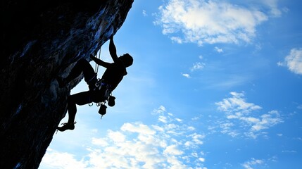 Silhouetted rock climber scaling steep cliff in adventurous outdoor landscape