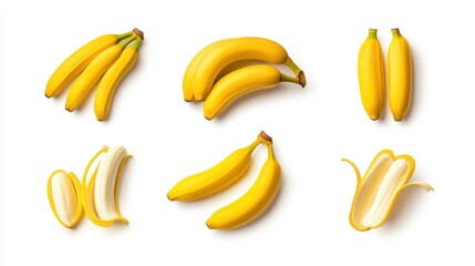 Fresh Bananas on White Background, Whole and Sliced Fruit Variety
