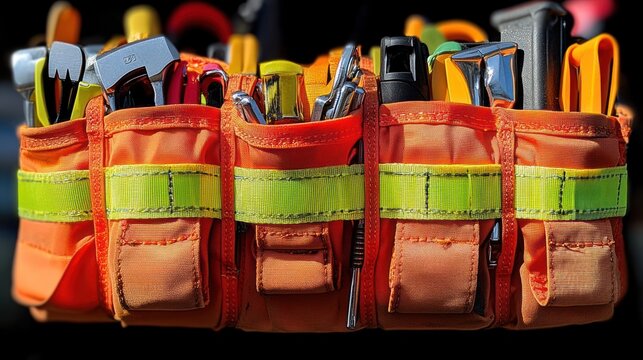 Orange tool belt with various hand tools.