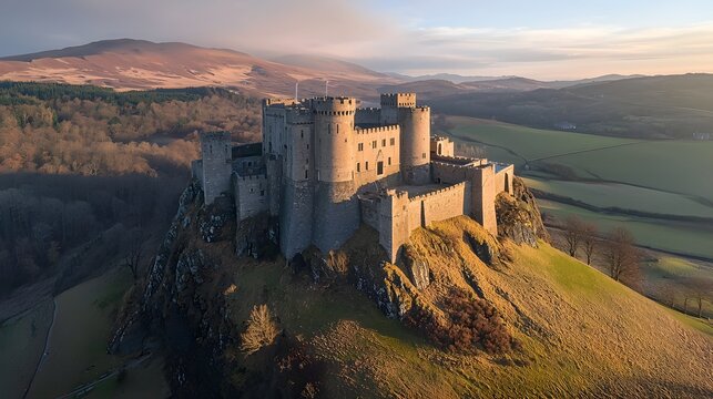 A majestic medieval castle with its towers and battlements stands proudly on a rugged cliffside its stone walls aglow in the warm hues of the setting sun