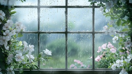Tranquil Rainy Day View Through Window Surrounded by Fresh Blossoms and Lush Greenery in Soft Natural Light