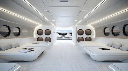 Obraz premium A modern and minimalist spaceship interior featuring a symmetrical arrangement of white pods resembling a honeycomb pattern
