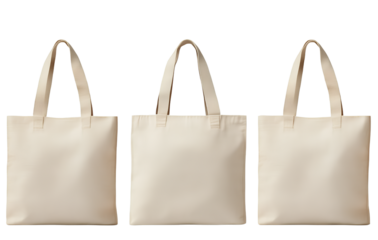 3 canvas tote bags in neutral tones, isolated on a transparent background