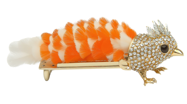 Decorative Hair Clip with Orange and White Feathers and Rhinestone Details in Bird Design