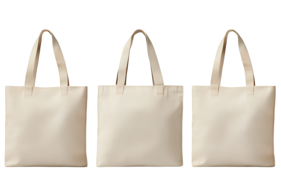 3 canvas tote bags in neutral tones, isolated on a transparent background