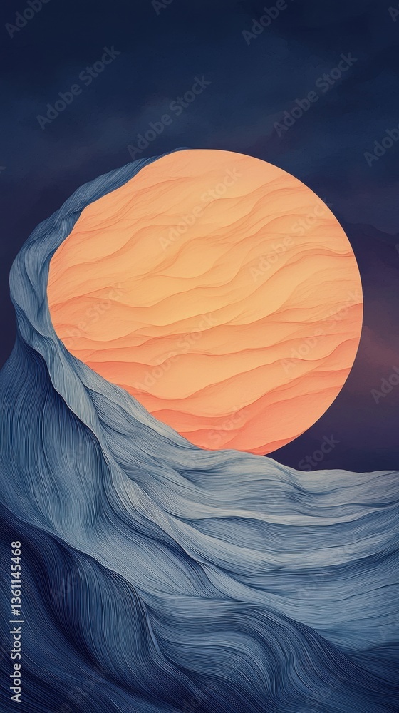 Poster a stylized depiction of a large orange sun setting behind textured waves, creating a serene and arti