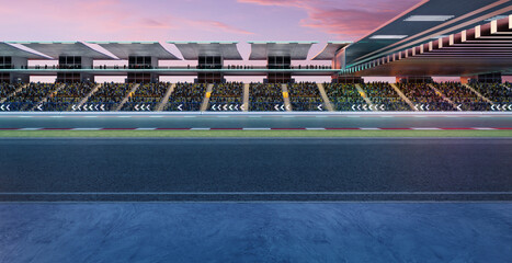 3D Large crowd watching a motorsport race on a modern racetrack at dusk