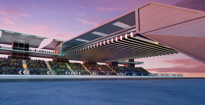 3D Futuristic racetrack with spectators at sunset with modern grandstand architecture