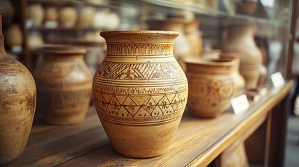 Ornate clay pot displayed among others on wooden shelf.