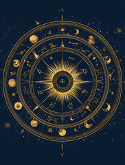 A detailed illustration of the celestial wheel, resembling an orrery with stars and moons around it.