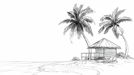 Tropical Beach Scene with Palm Trees and Thatched Hut Sketch Art