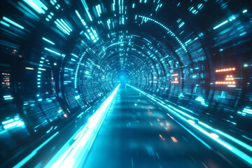 Fototapeta premium Futuristic tunnel with glowing blue lights creates speed effect