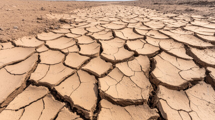 Environmental crisis Cracked mud in abandoned dried up riverbed under clear sky