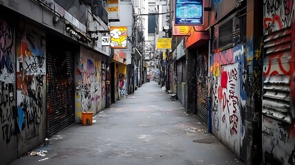 Fototapeta premium A narrow dimly lit alleyway surrounded by graffiti covered walls and dark shadows conveying an atmospheric ambiance in the heart of a gritty city